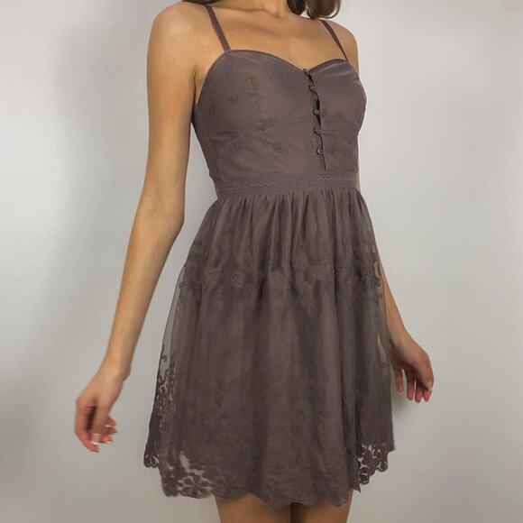 Vintage 00s brown lace prairie girl next door mini dress - Picture 1 of 6